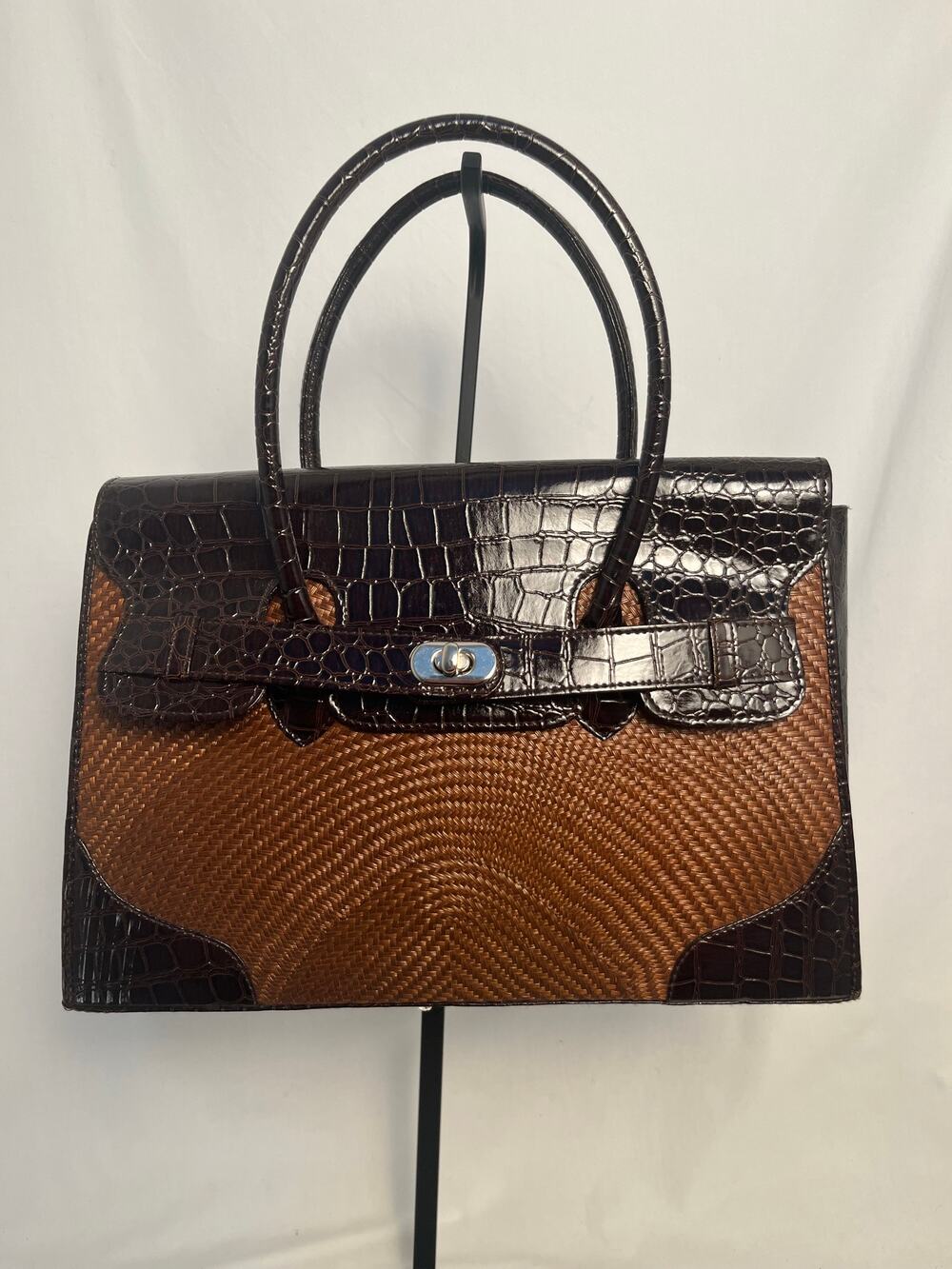 Vintage Brown Croc Embossed Wicker Rattan Satchel Handbag